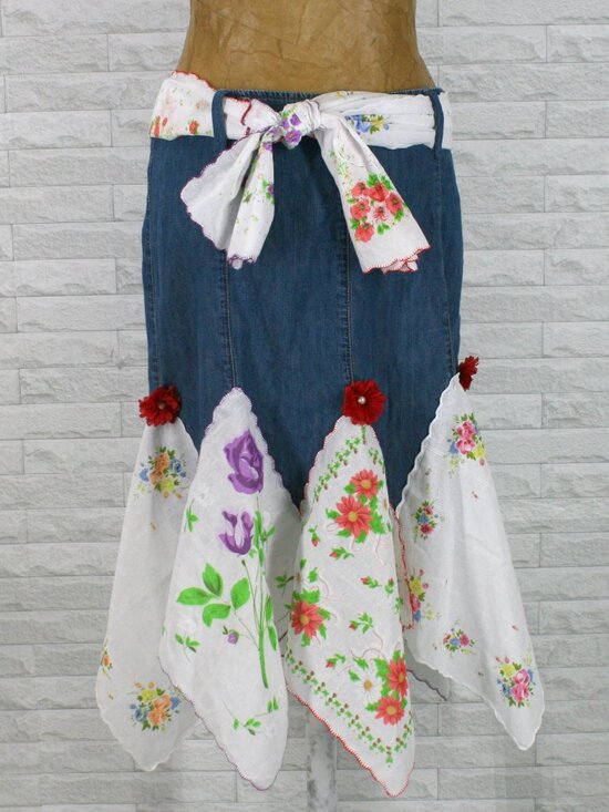 Hand Crafted Dresses & Skirts - HAND CRAFTED Skirt Denim Handkerchief Midi Upcycled Lace Floral Blue White 6
